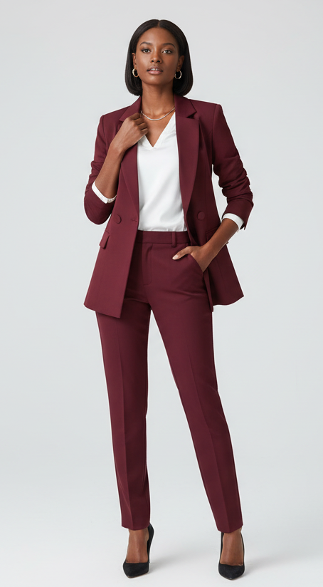 Burgundy 2-Piece Asymmetrical Trouser Suit Women's Suit – front view, worn by a model