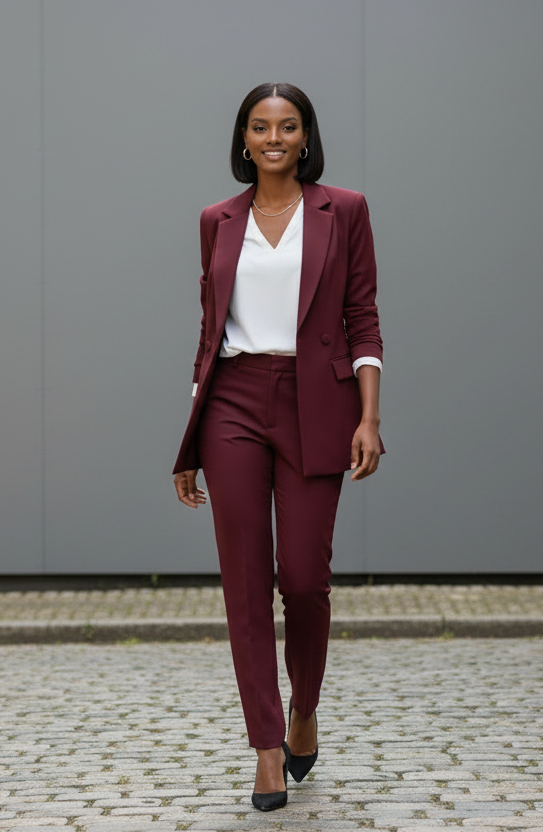 Burgundy 2-Piece Asymmetrical Trouser Suit Women's Suit – another front view, worn by a model