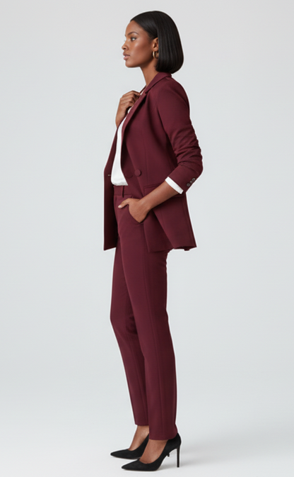 Burgundy 2-Piece Asymmetrical Trouser Suit Women's Suit – side view, worn by a model