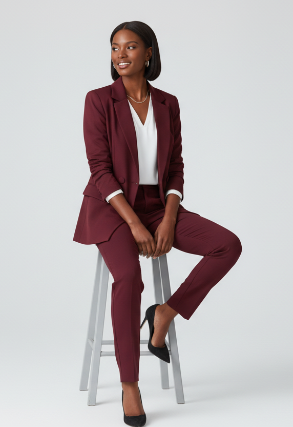 Burgundy 2-Piece Asymmetrical Trouser Suit Women's Suit – styled on a model