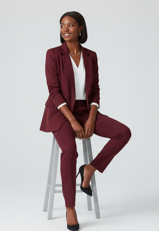 Burgundy 2-Piece Asymmetrical Trouser Suit Women's Suit – styled on a model