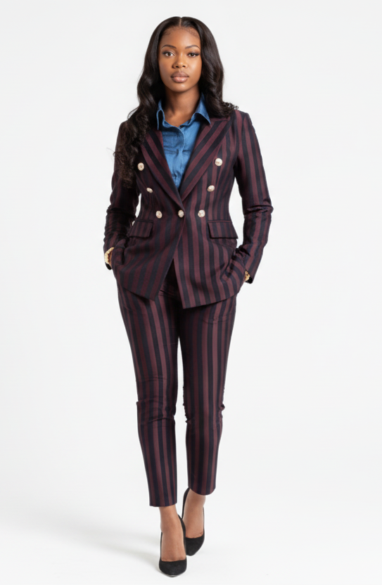Burgundy Striped 2-Piece Trouser Suit Double Breasted Blazer – front view, worn by a model