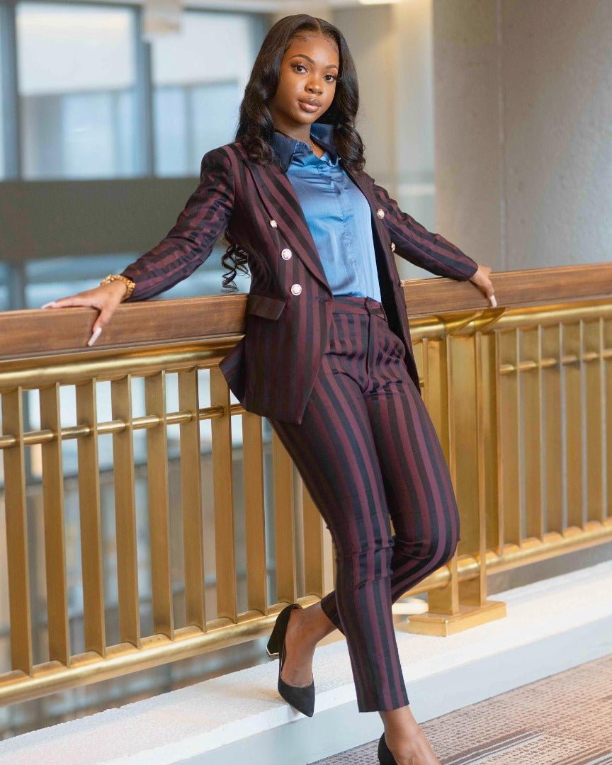 Burgundy Striped 2-Piece Trouser Suit Double Breasted Blazer – styled on a model