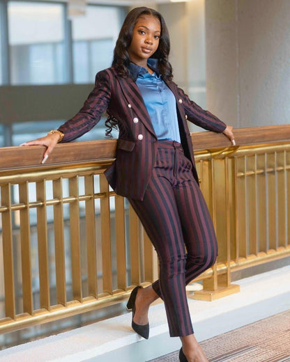 Burgundy Striped 2-Piece Trouser Suit Double Breasted Blazer – styled on a model