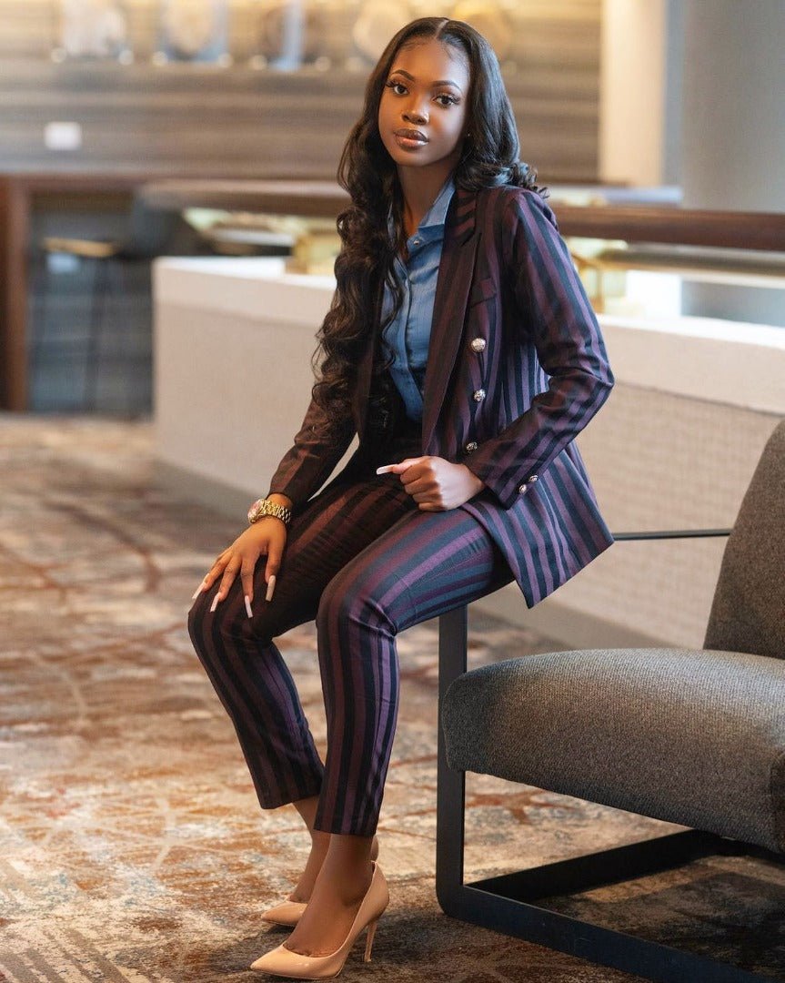 Burgundy Striped 2-Piece Trouser Suit Double Breasted Blazer – another styled on a model