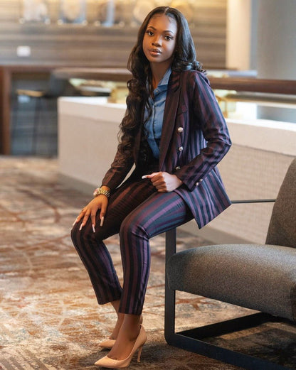 Burgundy Striped 2-Piece Trouser Suit Double Breasted Blazer – another styled on a model