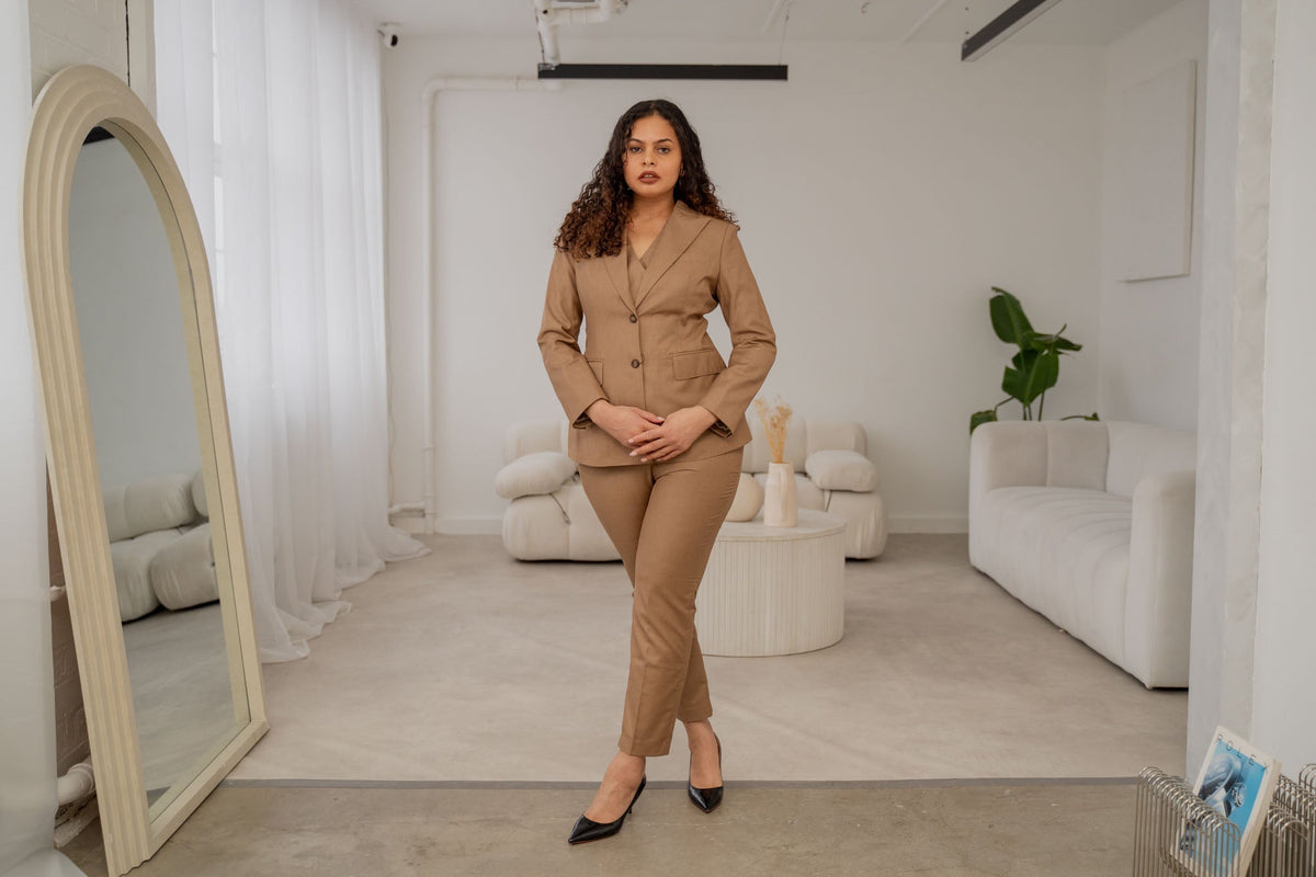Coffee Brown 3-Piece Midi Trouser Suit Women's Tailored Suit – front view, worn by a model