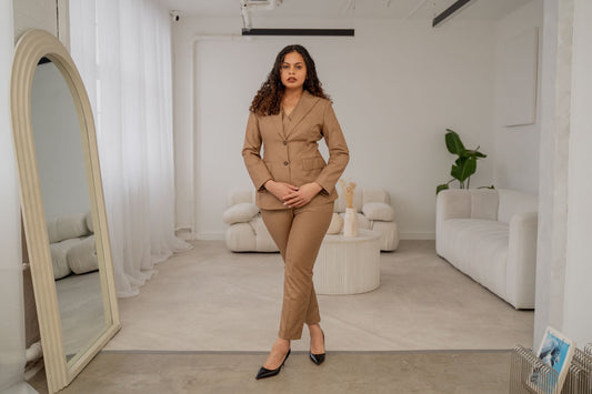 Coffee Brown 3-Piece Midi Trouser Suit Women's Tailored Suit – front view, worn by a model