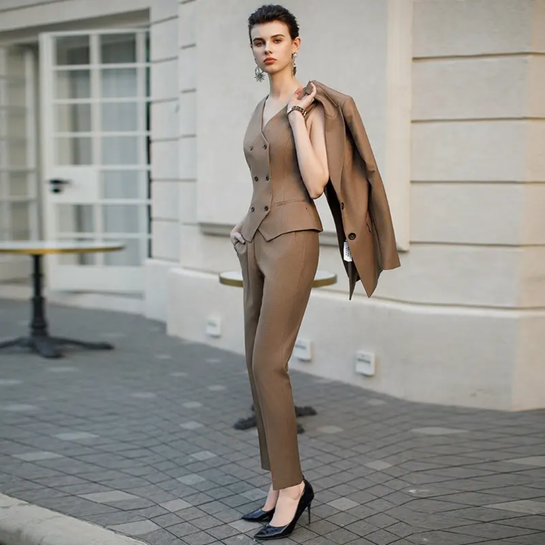 Coffee Brown 3-Piece Midi Trouser Suit Women's Tailored Suit – another front view, worn by a model