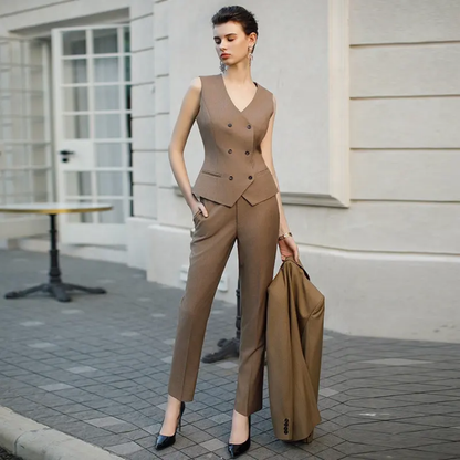 Coffee Brown 3-Piece Midi Trouser Suit Women's Tailored Suit – another front view, worn by a model