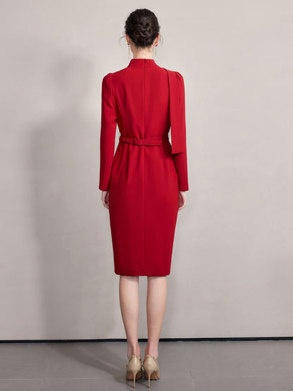 Crimson Valeria Dress High Neckline Jewelled Brooch Pencil Skirt – back view, worn by a model