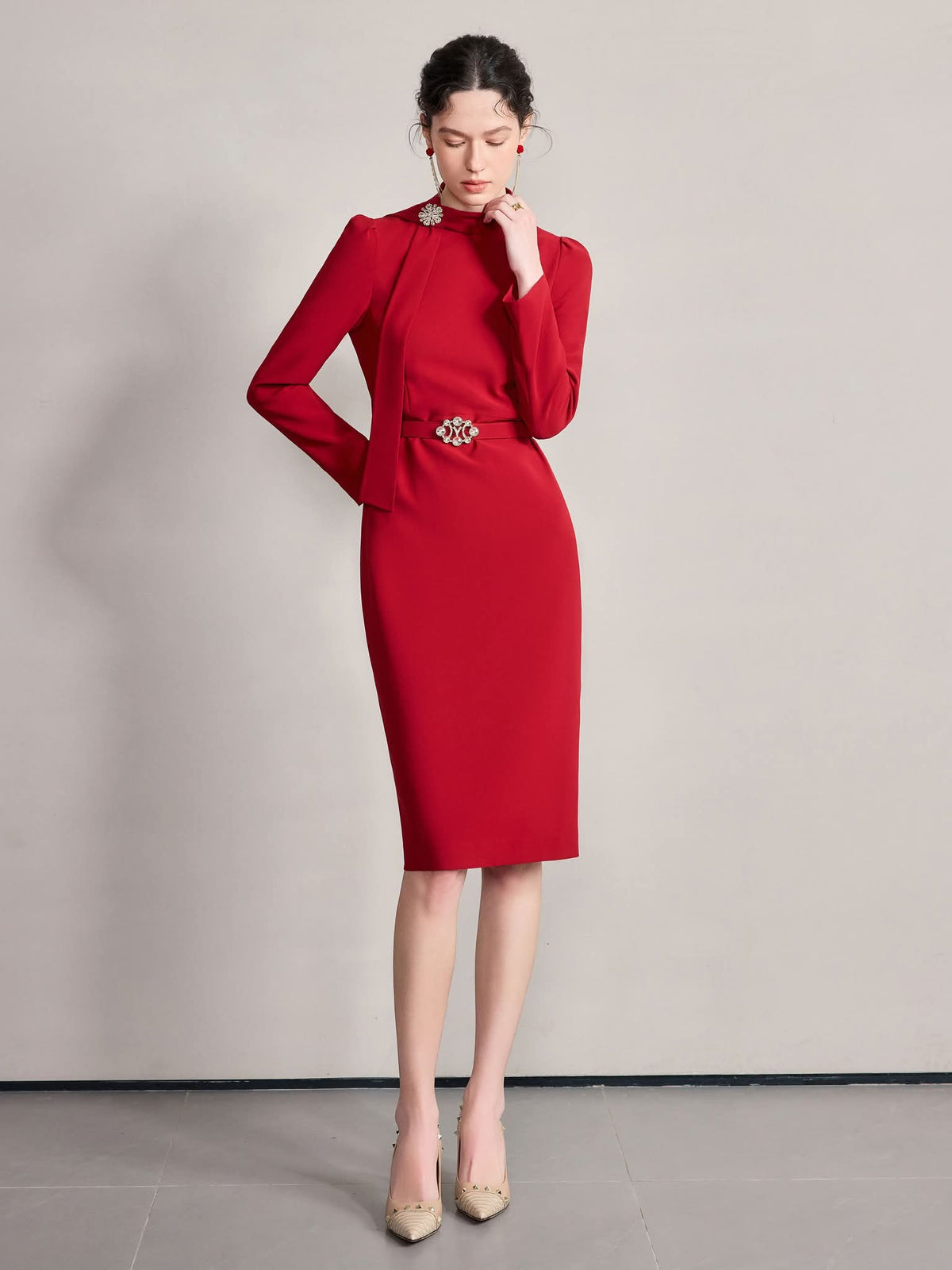 Crimson Valeria Dress High Neckline Jewelled Brooch Pencil Skirt – front view, worn by a model
