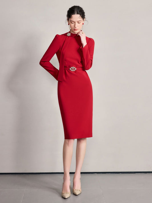 Crimson Valeria Dress High Neckline Jewelled Brooch Pencil Skirt – front view, worn by a model