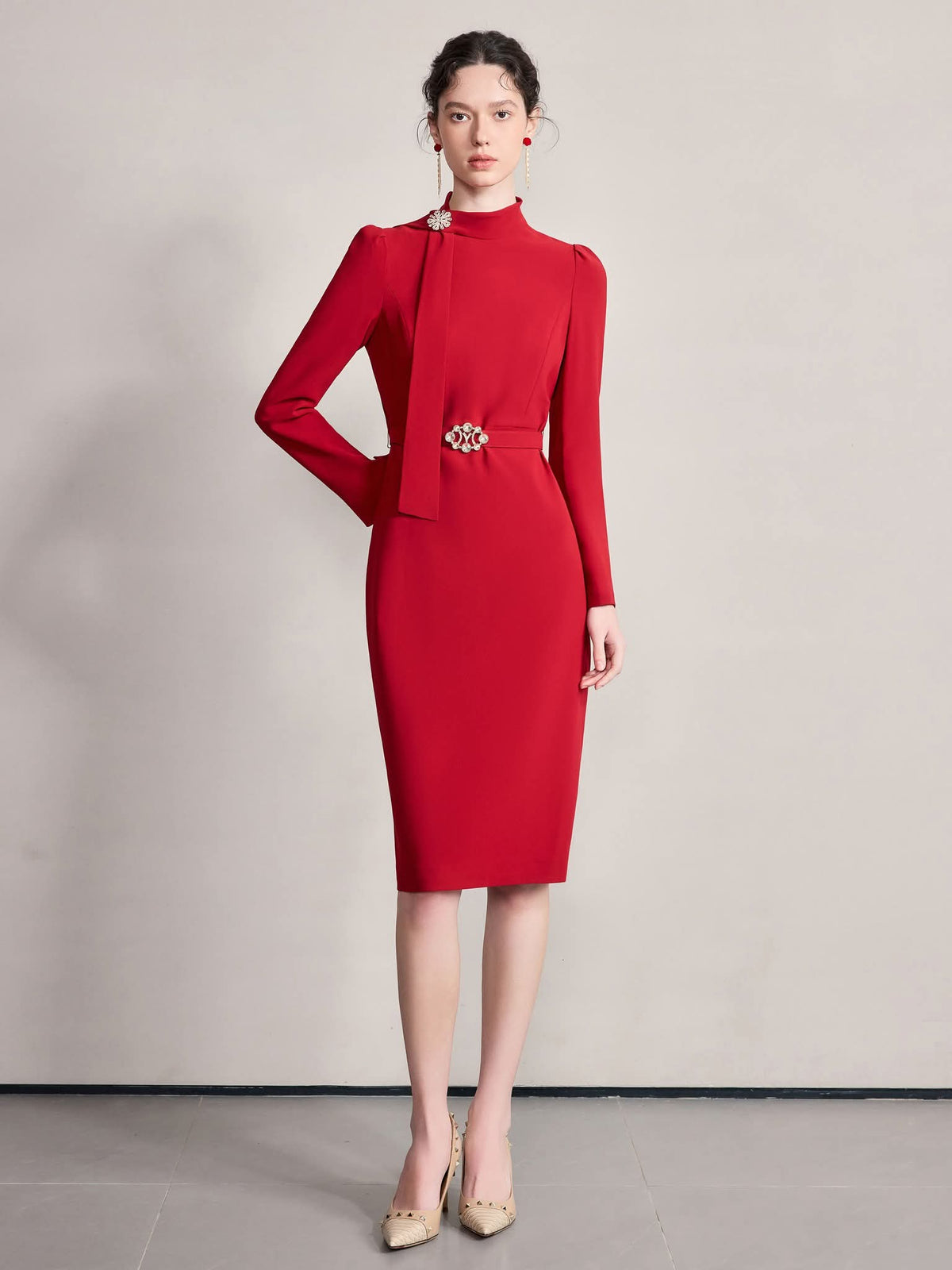 Crimson Valeria Dress High Neckline Jewelled Brooch Pencil Skirt – another front view, worn by a model