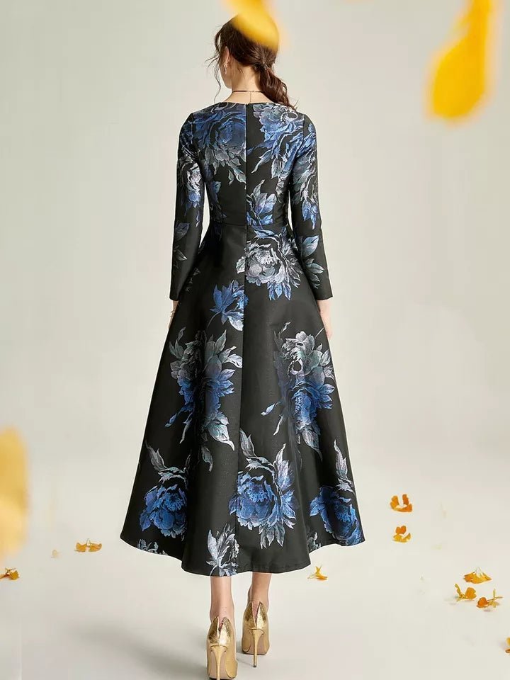 Dark Blue Jacquard Floral Formal Mother of the Bride Dress Midi – back view, worn by a model