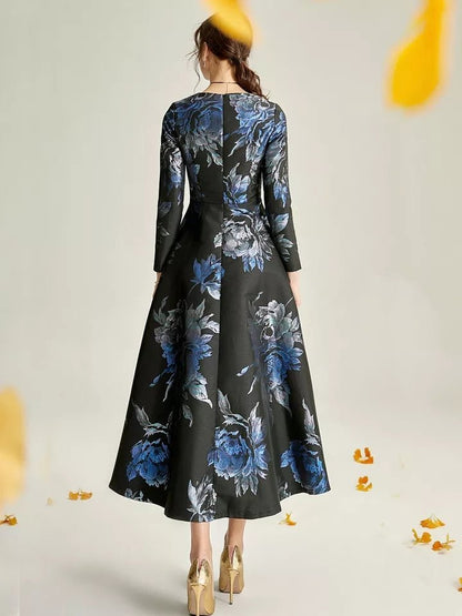 Dark Blue Jacquard Floral Formal Mother of the Bride Dress Midi – back view, worn by a model
