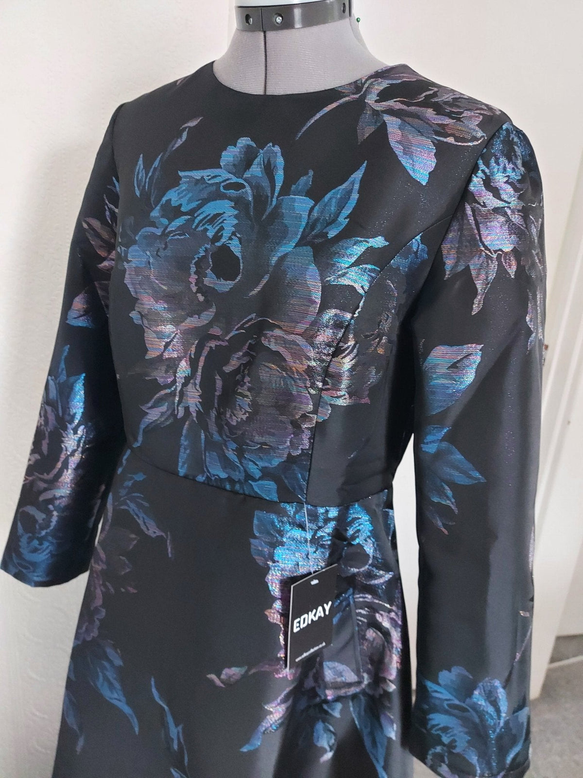 Dark Blue Jacquard Floral Formal Mother of the Bride Dress Midi – close-up of the fabric and details