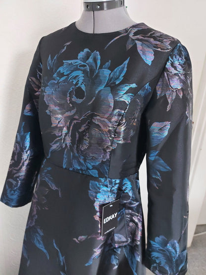 Dark Blue Jacquard Floral Formal Mother of the Bride Dress Midi – close-up of the fabric and details