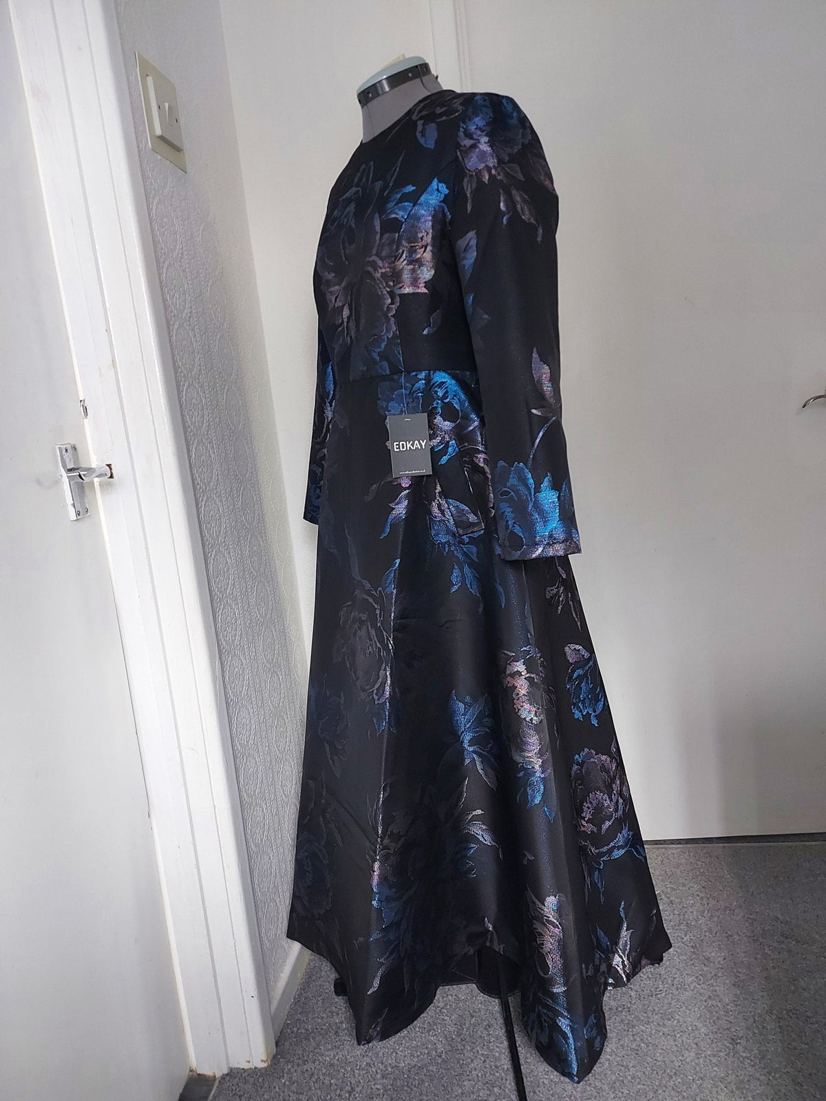 Dark Blue Jacquard Floral Formal Mother of the Bride Dress Midi – shown on a dress form