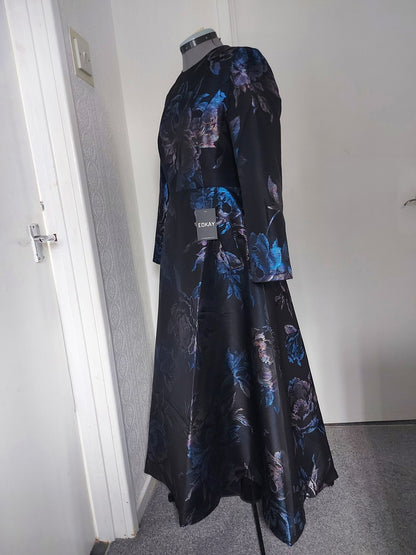 Dark Blue Jacquard Floral Formal Mother of the Bride Dress Midi – shown on a dress form
