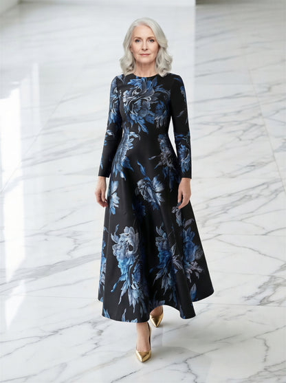 Dark Blue Jacquard Floral Formal Mother of the Bride Dress Midi – front view, worn by a model