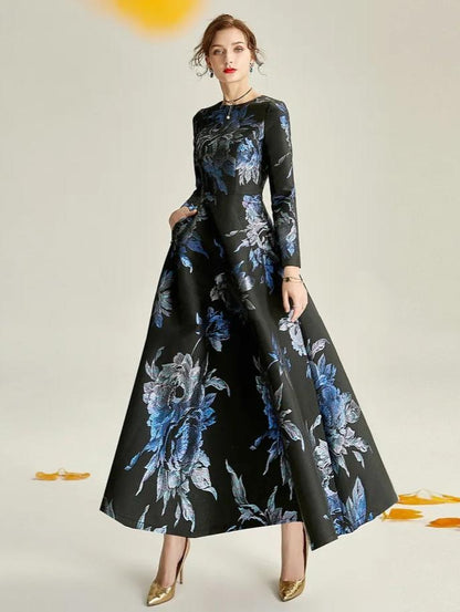 Dark Blue Jacquard Floral Formal Mother of the Bride Dress Midi – another front view, worn by a model