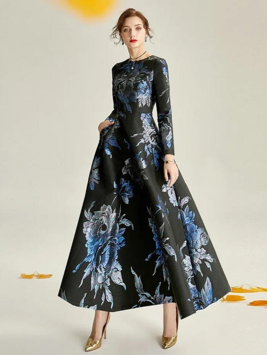 Dark Blue Jacquard Floral Formal Mother of the Bride Dress Midi – another front view, worn by a model