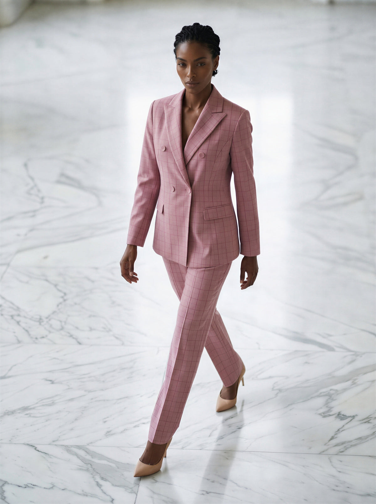 Double Breasted Pink Plaid 2-Piece Trouser Suit Women’s Business Suit – front view, worn by a model