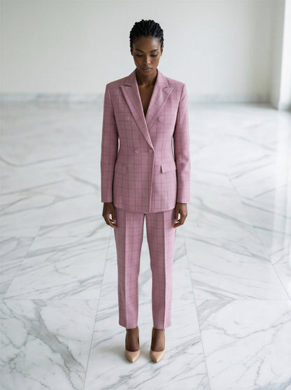 Double Breasted Pink Plaid 2-Piece Trouser Suit Women’s Business Suit – another front view, worn by a model