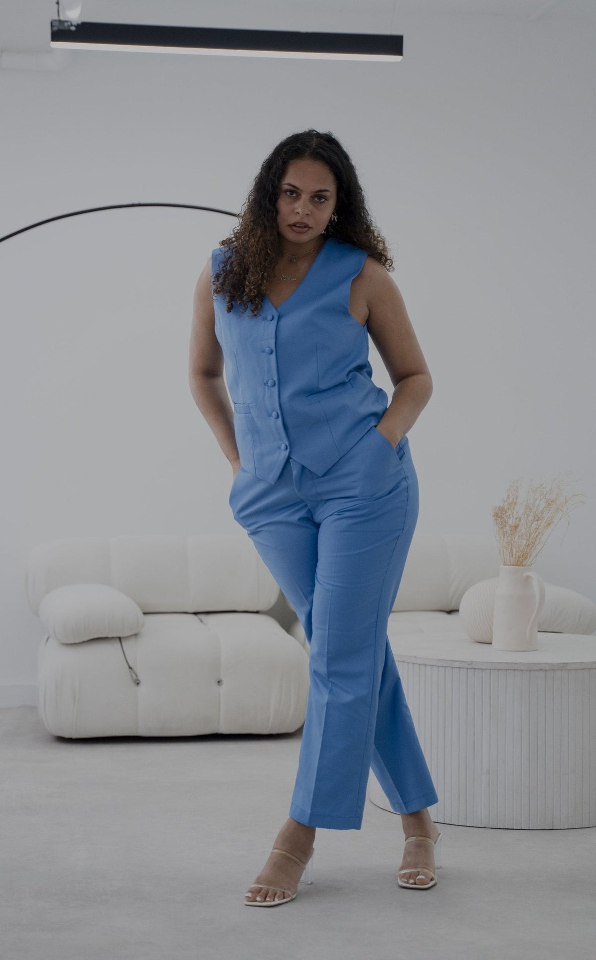 Elegant Vivid Blue 3-Piece Trouser Suit Women’s Tailored Formal Suit – front view, worn by a model