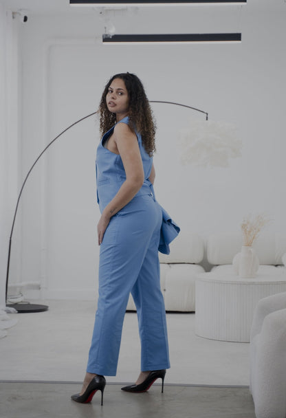 Elegant Vivid Blue 3-Piece Trouser Suit Women’s Tailored Formal Suit – side view, worn by a model