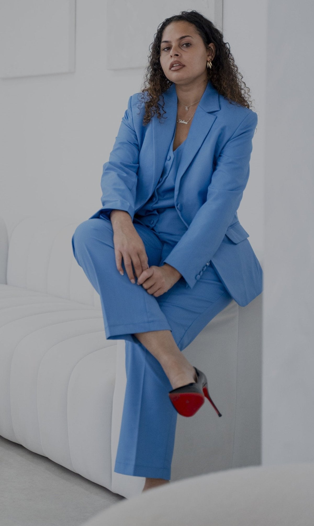 Elegant Vivid Blue 3-Piece Trouser Suit Women’s Tailored Formal Suit – styled on a model