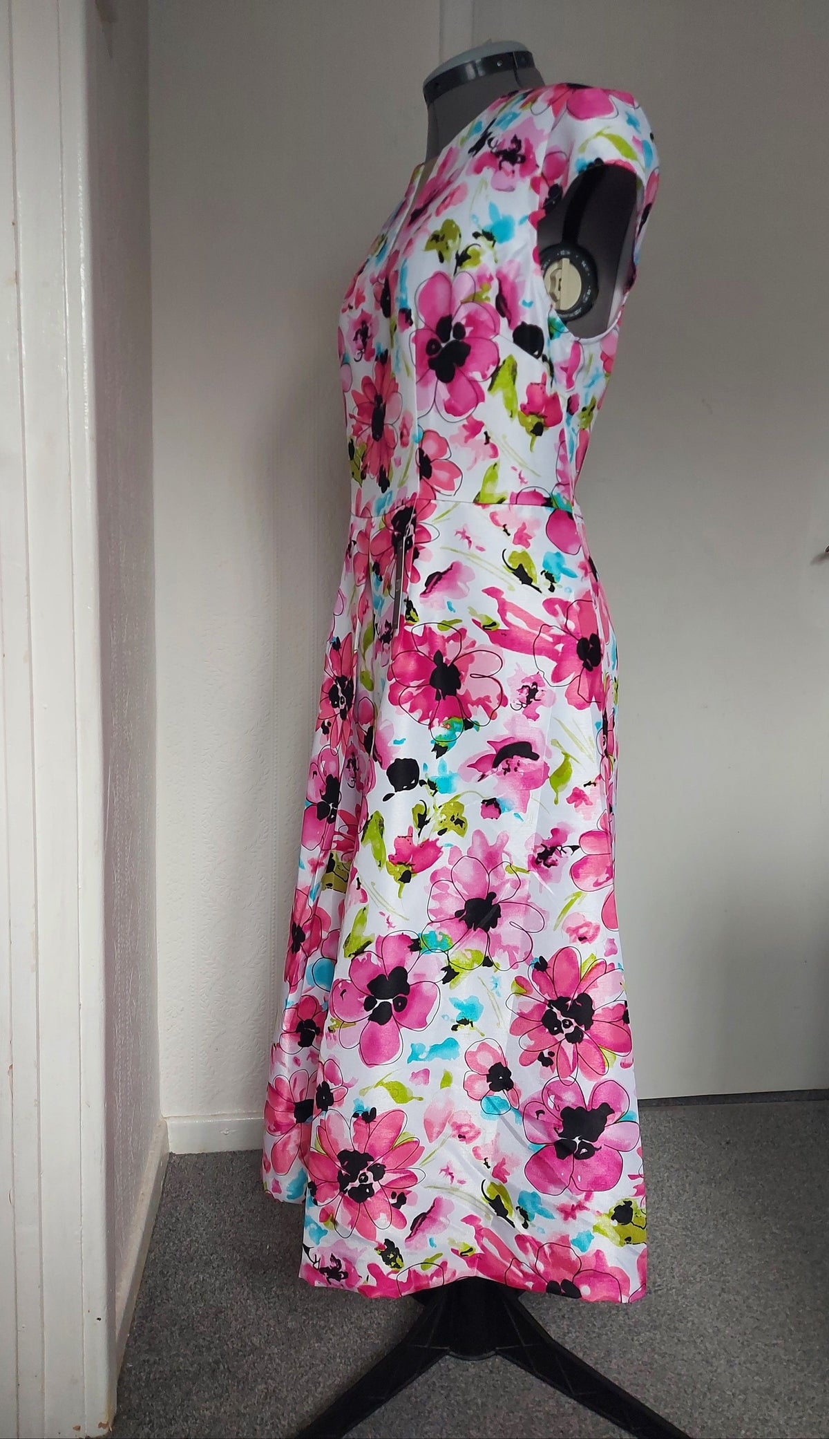 Floral Pink Cape Sleeve A-Line Dress Mother of Bride – another shown on a dress form