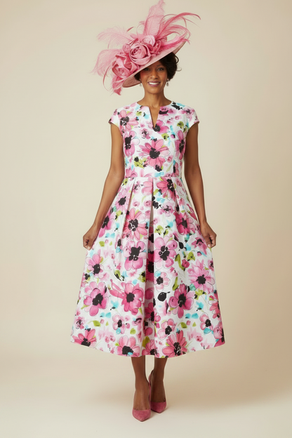 Floral Pink Cape Sleeve A-Line Dress Mother of Bride – front view, worn by a model