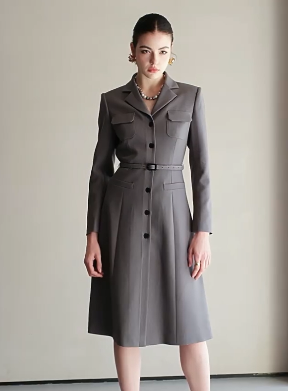 Grayson Belted Slate Grey Tailored Dress Women’s Professional Wear – front view, worn by a model