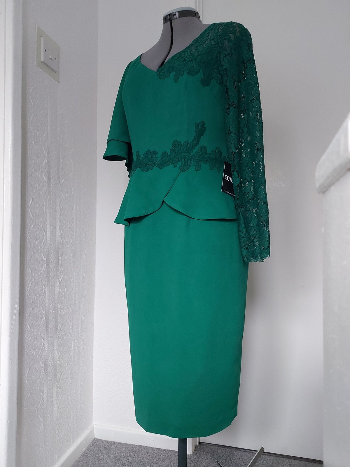 Green Satin Sheath Bride Dress with Unique Sleeves Knee-Length Lace – shown on a dress form
