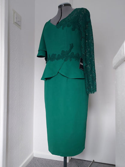 Green Satin Sheath Bride Dress with Unique Sleeves Knee-Length Lace – shown on a dress form
