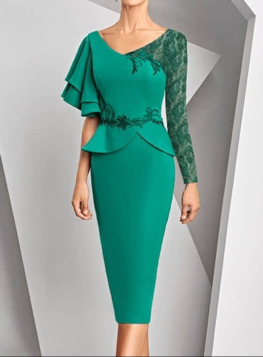 Green Satin Sheath Bride Dress with Unique Sleeves Knee-Length Lace – front view, worn by a model