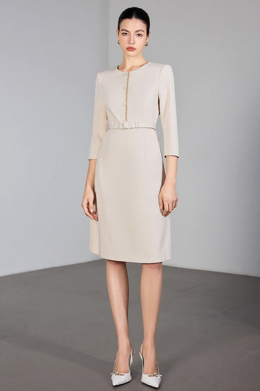 Ivory Poise Midi Dress Tailored Beige Dress with Gold Detail – front view, worn by a model