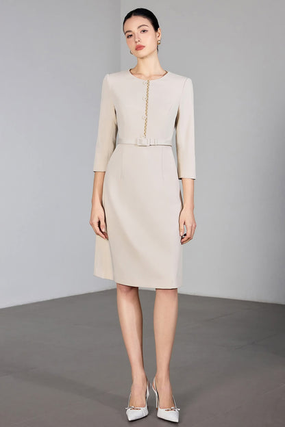 Ivory Poise Midi Dress Tailored Beige Dress with Gold Detail – another front view, worn by a model