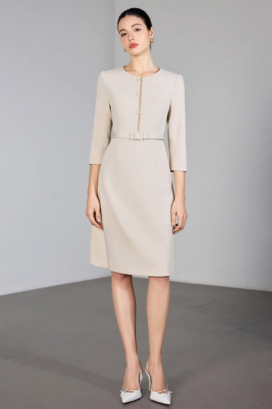 Ivory Poise Midi Dress Tailored Beige Dress with Gold Detail – another front view, worn by a model