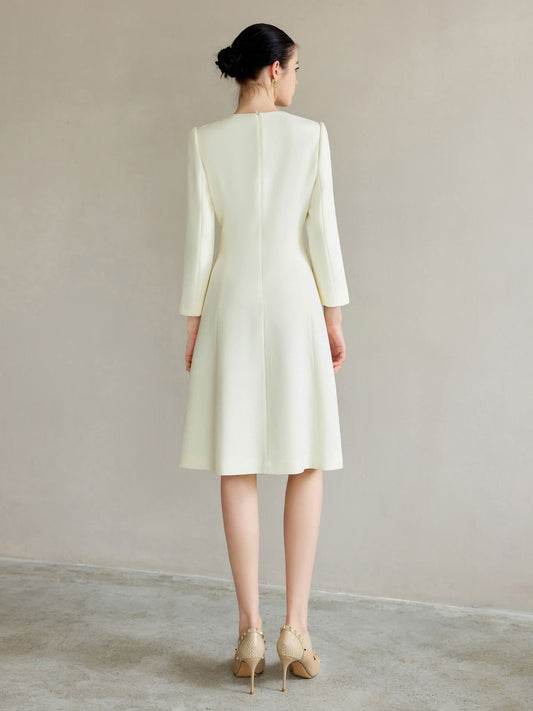 Ivory Regal Coat Dress Pearl Buttons Tailored A-Line Elegance – back view, worn by a model