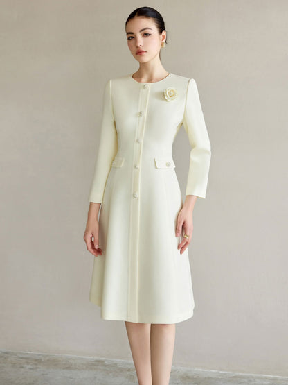 Ivory Regal Coat Dress Pearl Buttons Tailored A-Line Elegance – front view, worn by a model