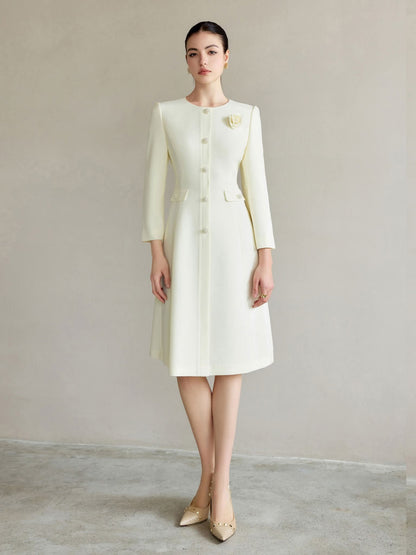 Ivory Regal Coat Dress Pearl Buttons Tailored A-Line Elegance – another front view, worn by a model
