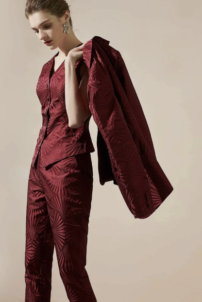 Jacquard Burgundy 3-Piece Double Breasted Trouser Suit – close-up of the fabric and details