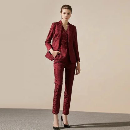 Jacquard Burgundy 3-Piece Double Breasted Trouser Suit – front view, worn by a model