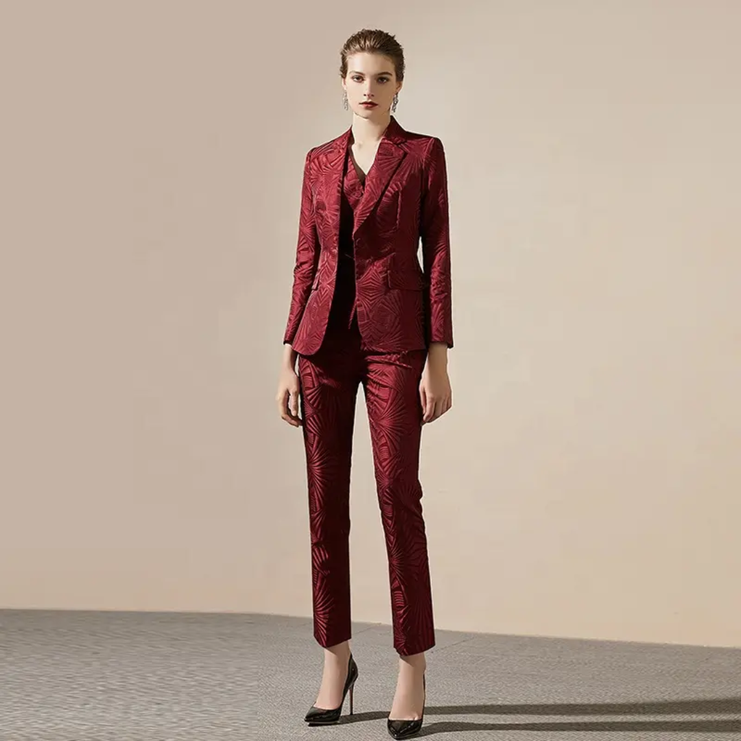 Jacquard Burgundy 3-Piece Double Breasted Trouser Suit – another front view, worn by a model
