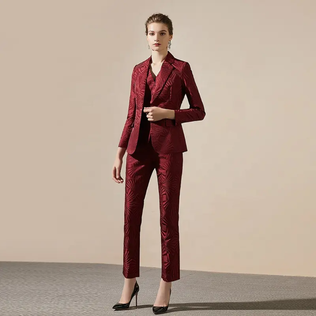 Jacquard Burgundy 3-Piece Double Breasted Trouser Suit – another front view, worn by a model
