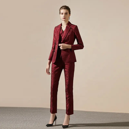 Jacquard Burgundy 3-Piece Double Breasted Trouser Suit – another front view, worn by a model