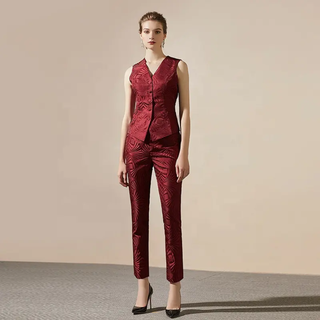 Jacquard Burgundy 3-Piece Double Breasted Trouser Suit – another front view, worn by a model